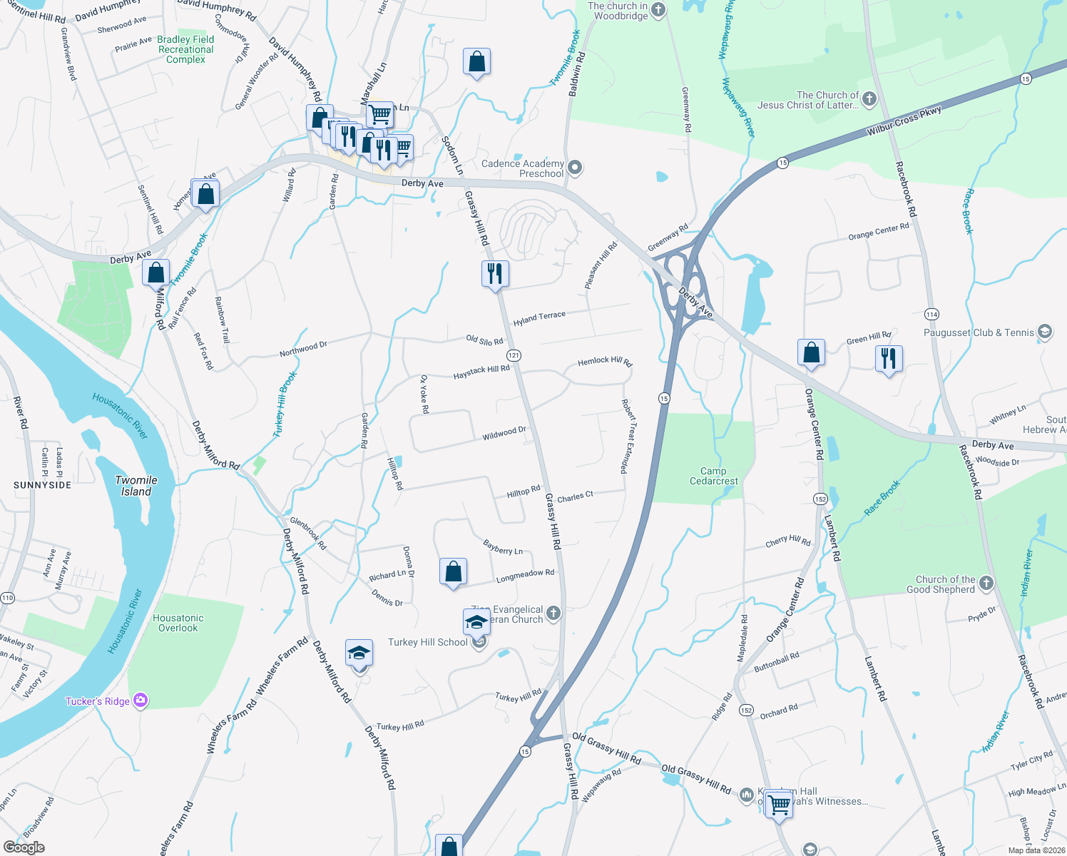 map of restaurants, bars, coffee shops, grocery stores, and more near 899 Grassy Hill Road in Orange