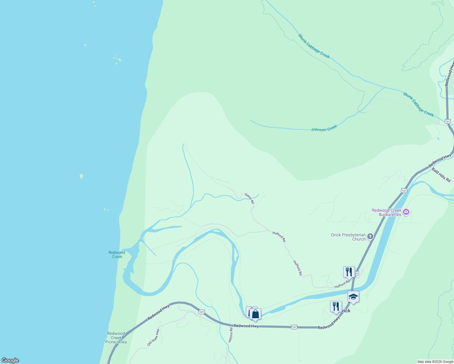 map of restaurants, bars, coffee shops, grocery stores, and more near 1037-1067 Gunst Road in Orick