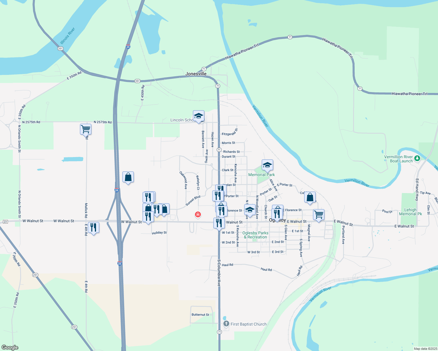 map of restaurants, bars, coffee shops, grocery stores, and more near 423 North Columbia Avenue in Oglesby