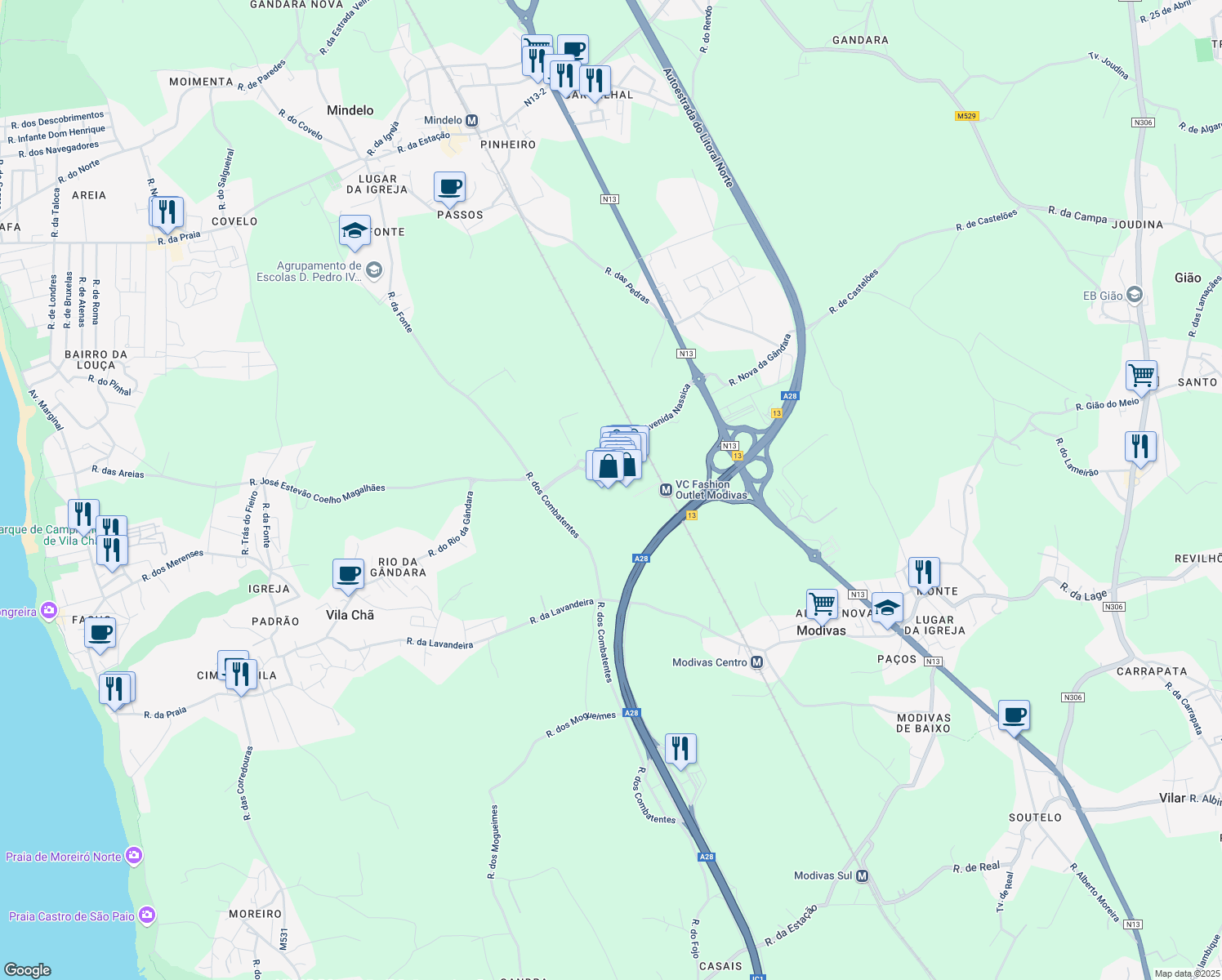 map of restaurants, bars, coffee shops, grocery stores, and more near in Modivas