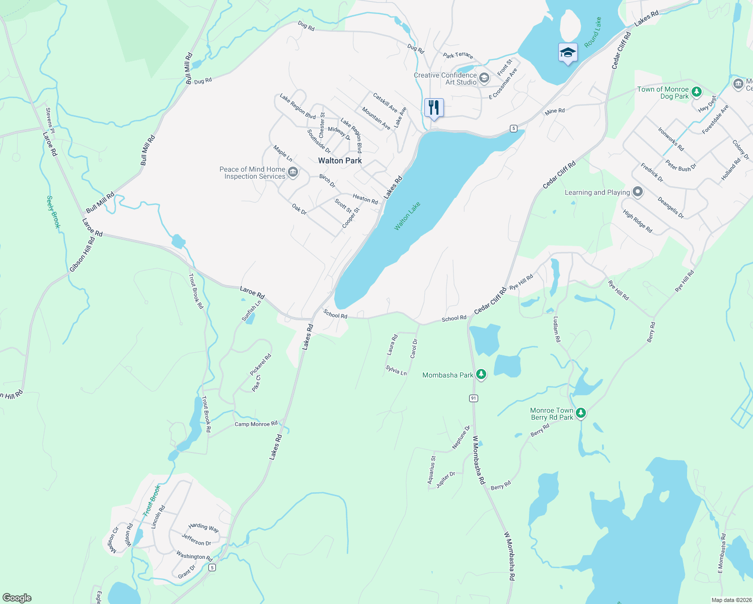 map of restaurants, bars, coffee shops, grocery stores, and more near 5 Singh Road in Monroe
