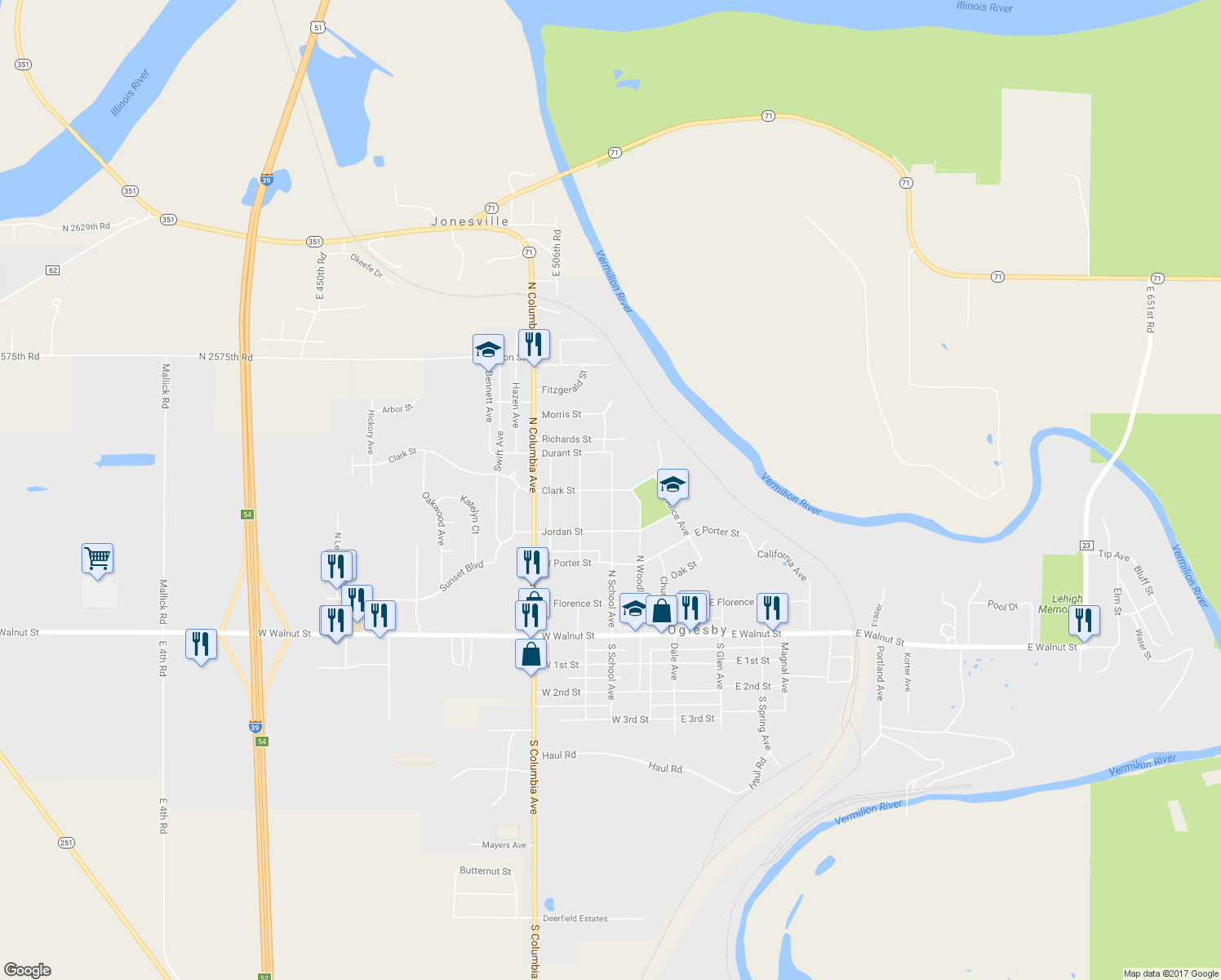 map of restaurants, bars, coffee shops, grocery stores, and more near 304 Clark Street in Oglesby