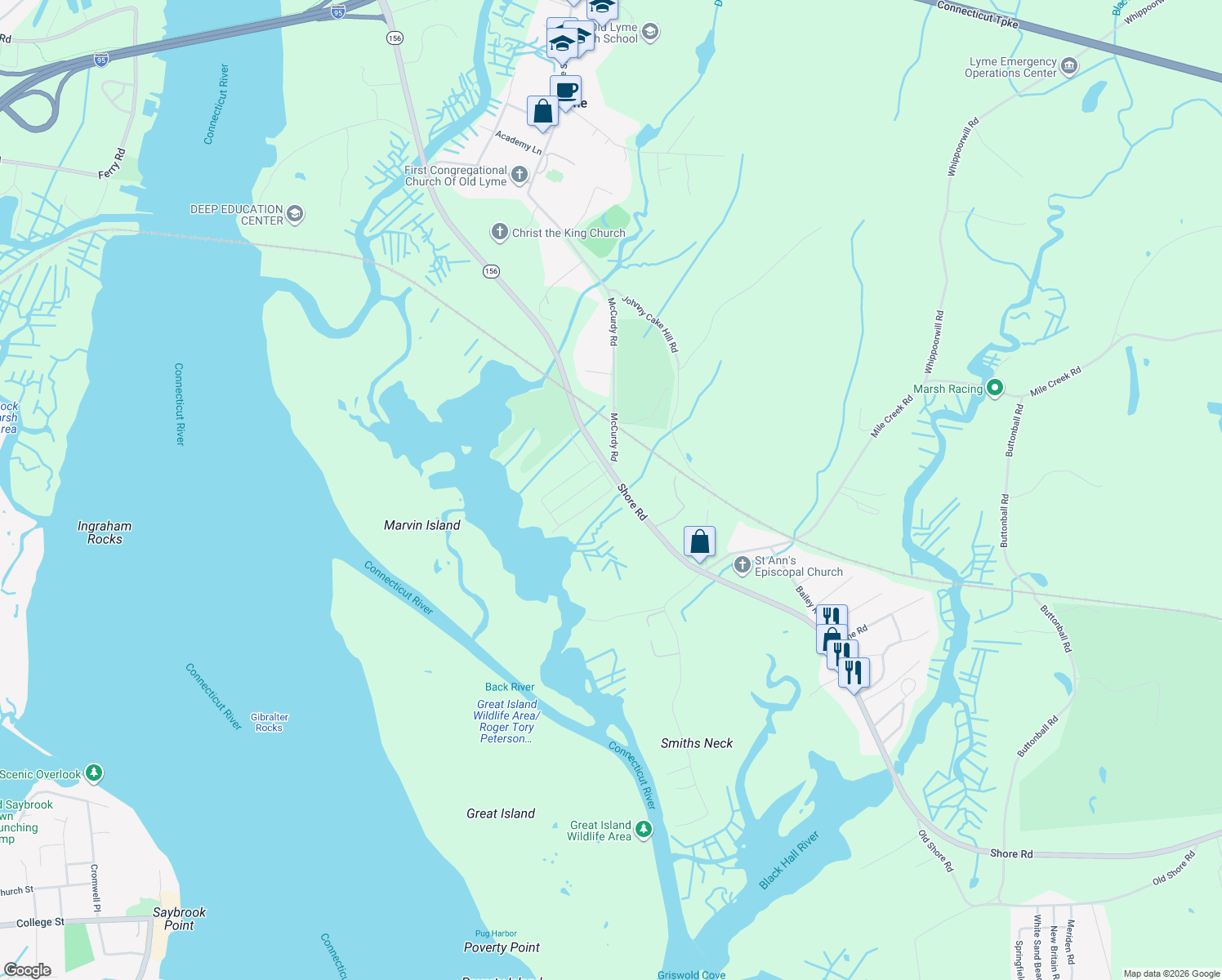 map of restaurants, bars, coffee shops, grocery stores, and more near 2 Katherine Rd in Old Lyme