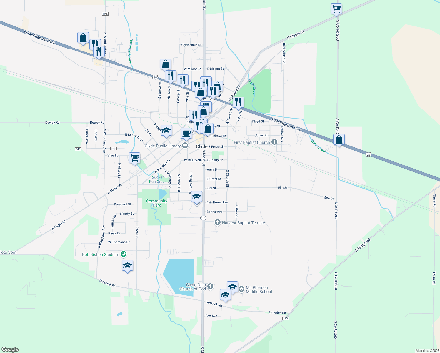 map of restaurants, bars, coffee shops, grocery stores, and more near 213 E Grant St in Clyde