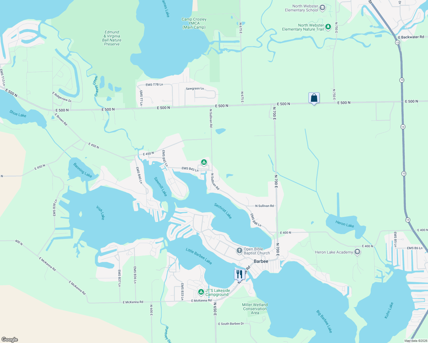 map of restaurants, bars, coffee shops, grocery stores, and more near 4492 North Sullivan Road in Leesburg