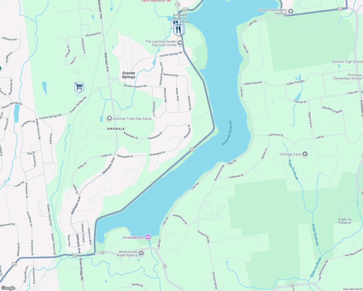 map of restaurants, bars, coffee shops, grocery stores, and more near 38 Watergate Drive in Amawalk