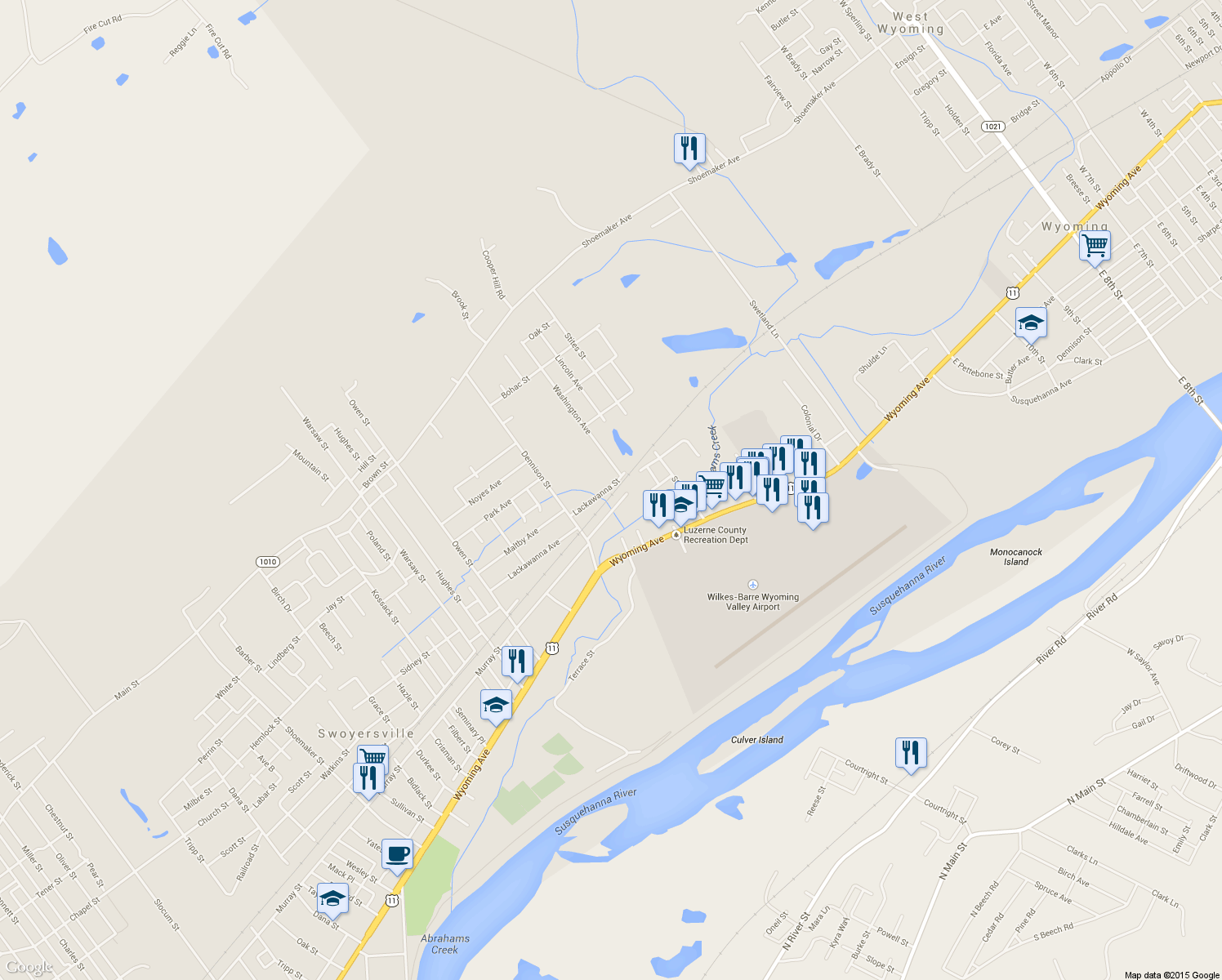 map of restaurants, bars, coffee shops, grocery stores, and more near 83 Dennison Street in Kingston