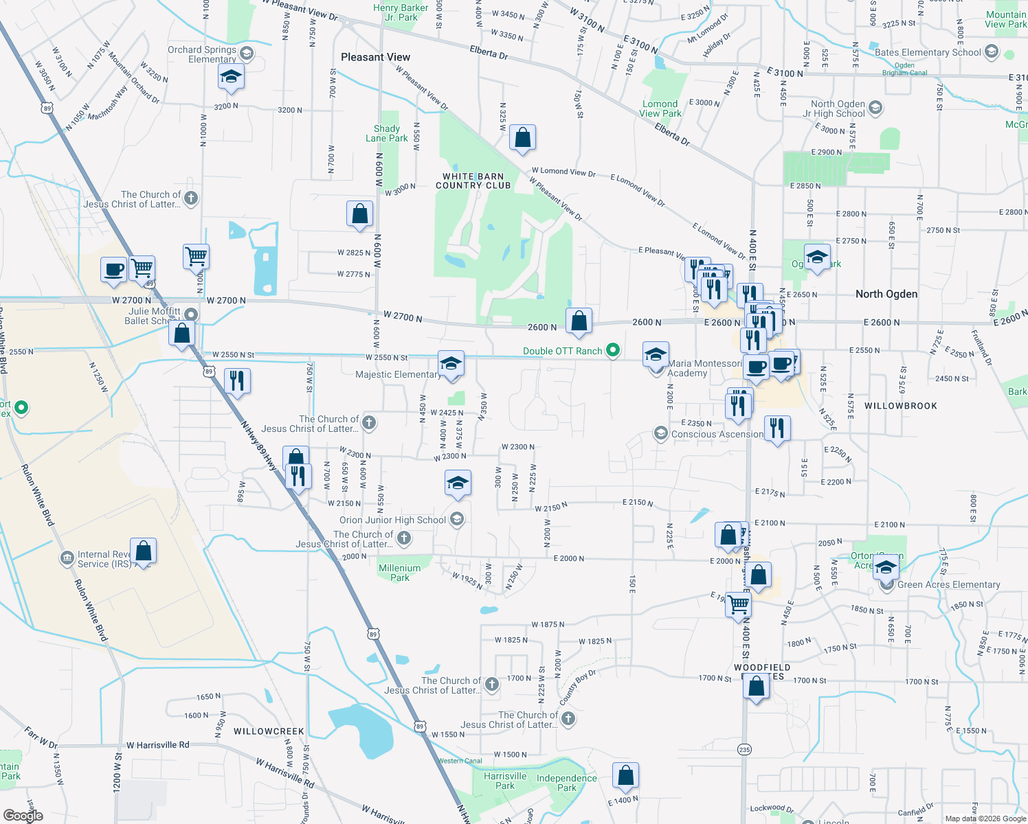 map of restaurants, bars, coffee shops, grocery stores, and more near 2434 North Dorchester Avenue in Ogden