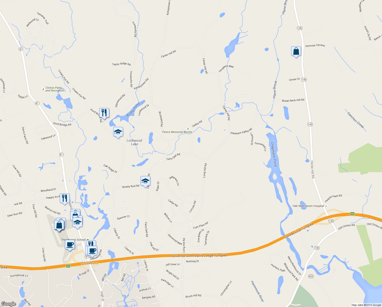 map of restaurants, bars, coffee shops, grocery stores, and more near 1 Frederick Place in Clinton