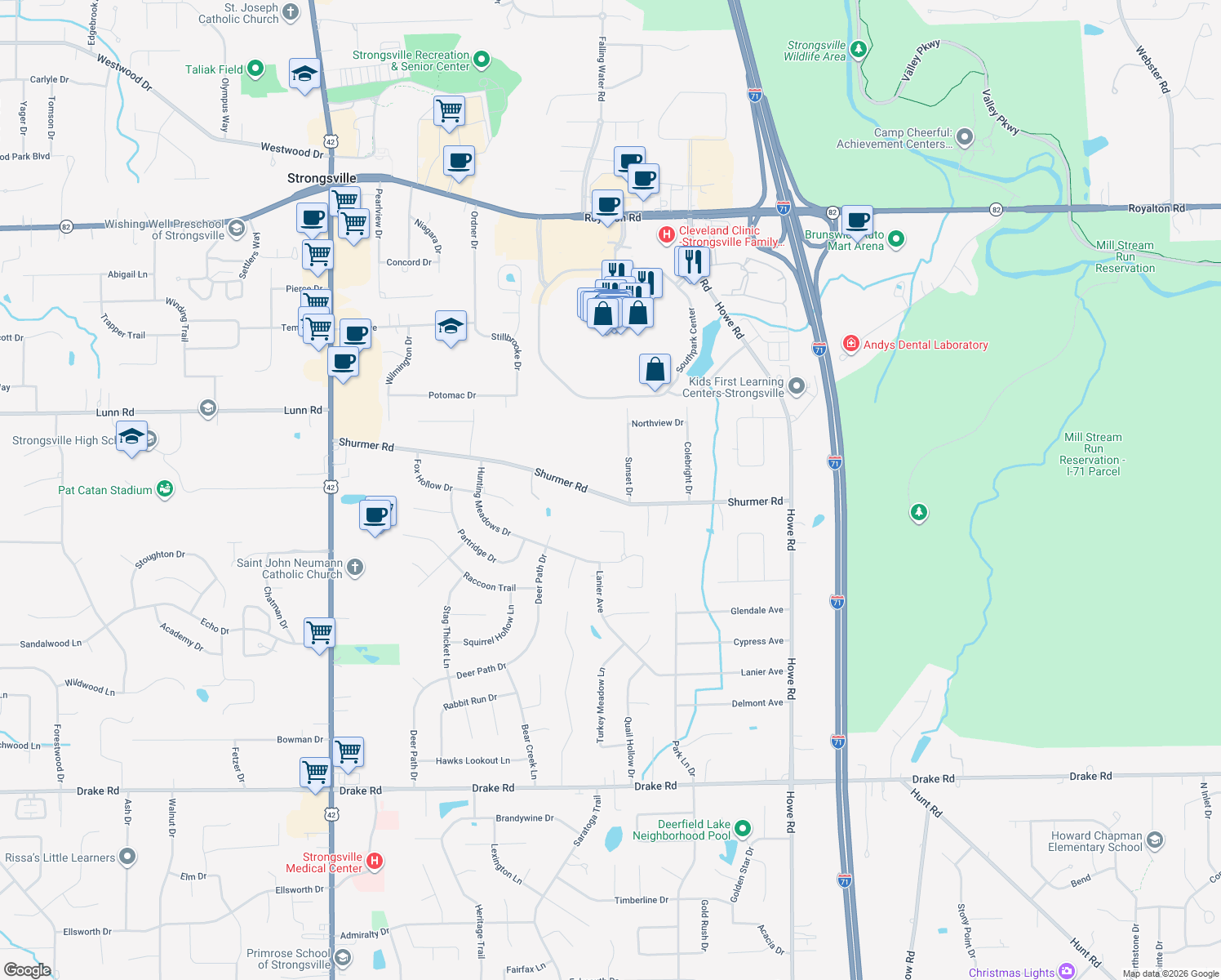 map of restaurants, bars, coffee shops, grocery stores, and more near 17140 Shurmer Road in Strongsville