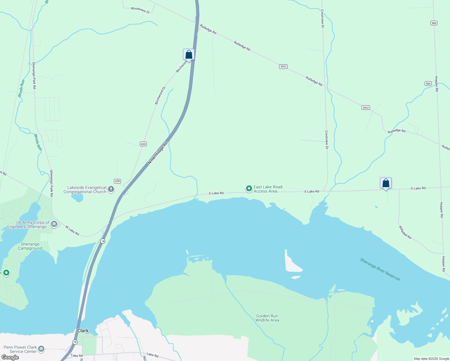 map of restaurants, bars, coffee shops, grocery stores, and more near 759 East Lake Road in Transfer