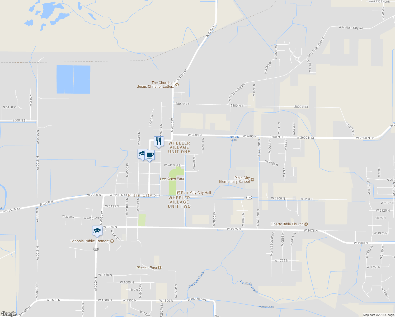 map of restaurants, bars, coffee shops, grocery stores, and more near 2448 4050 West in Plain City