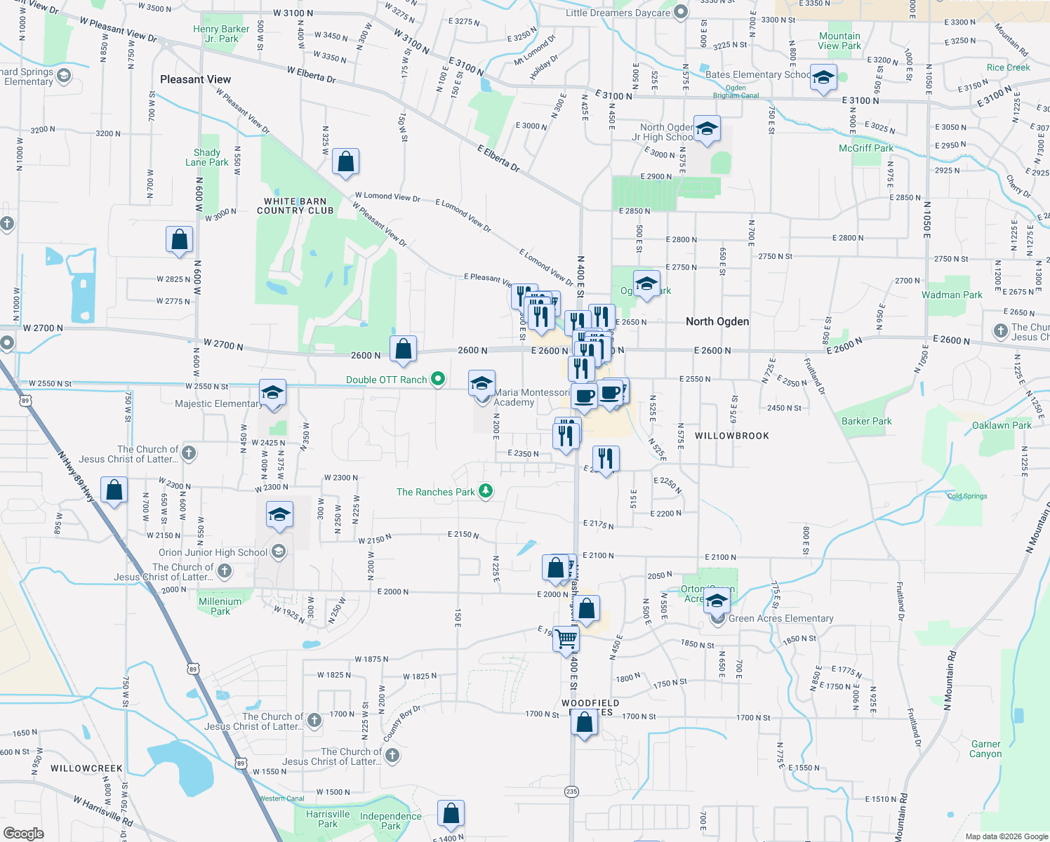 map of restaurants, bars, coffee shops, grocery stores, and more near 2480 North 200 East in Ogden