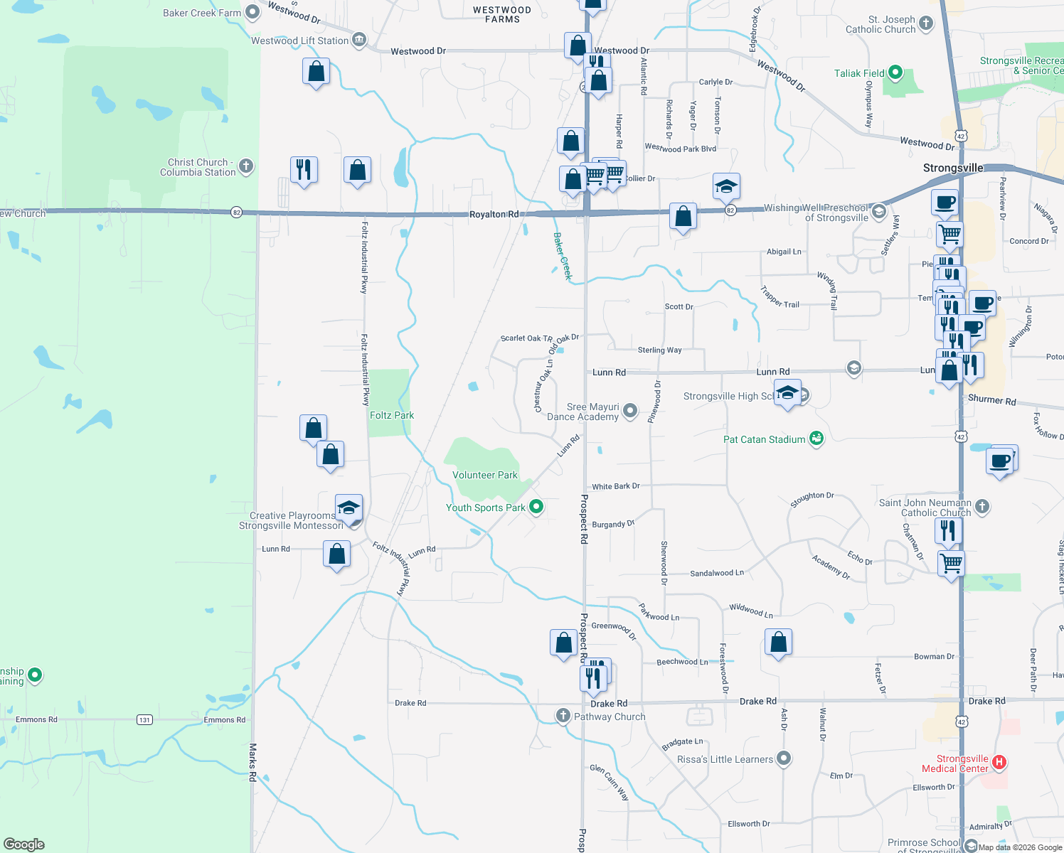 map of restaurants, bars, coffee shops, grocery stores, and more near 21254 Oakhurst Ln in Strongsville