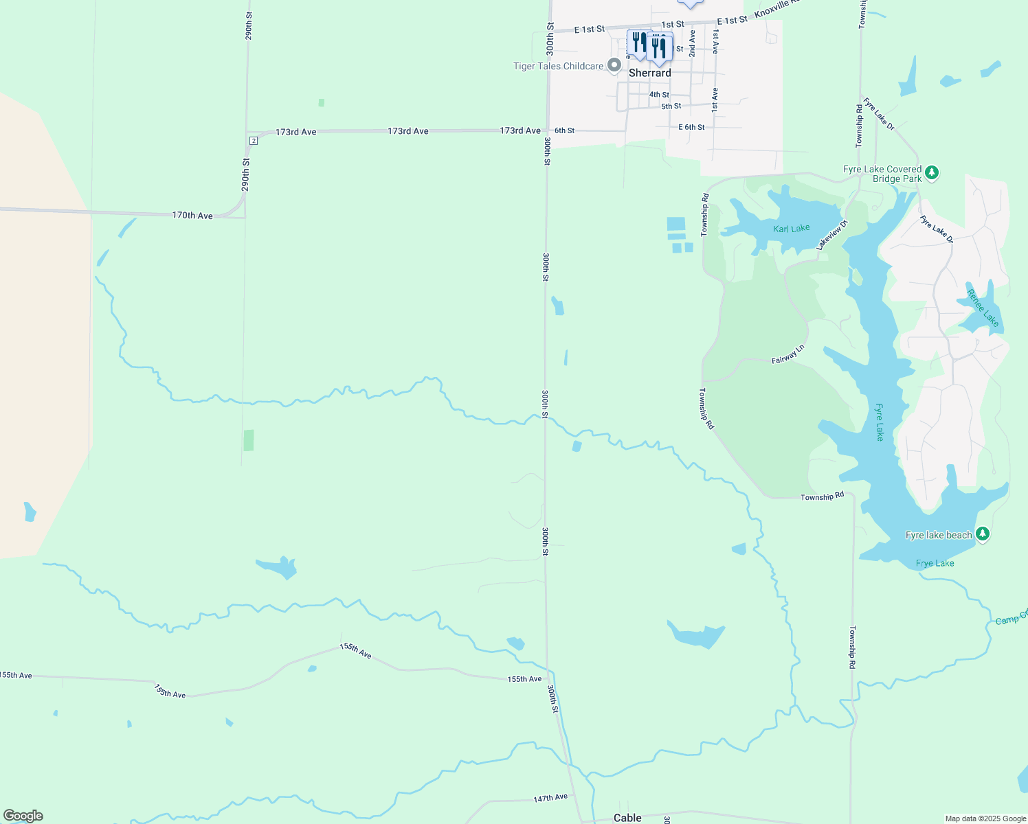 map of restaurants, bars, coffee shops, grocery stores, and more near 1660 300th Street in Sherrard