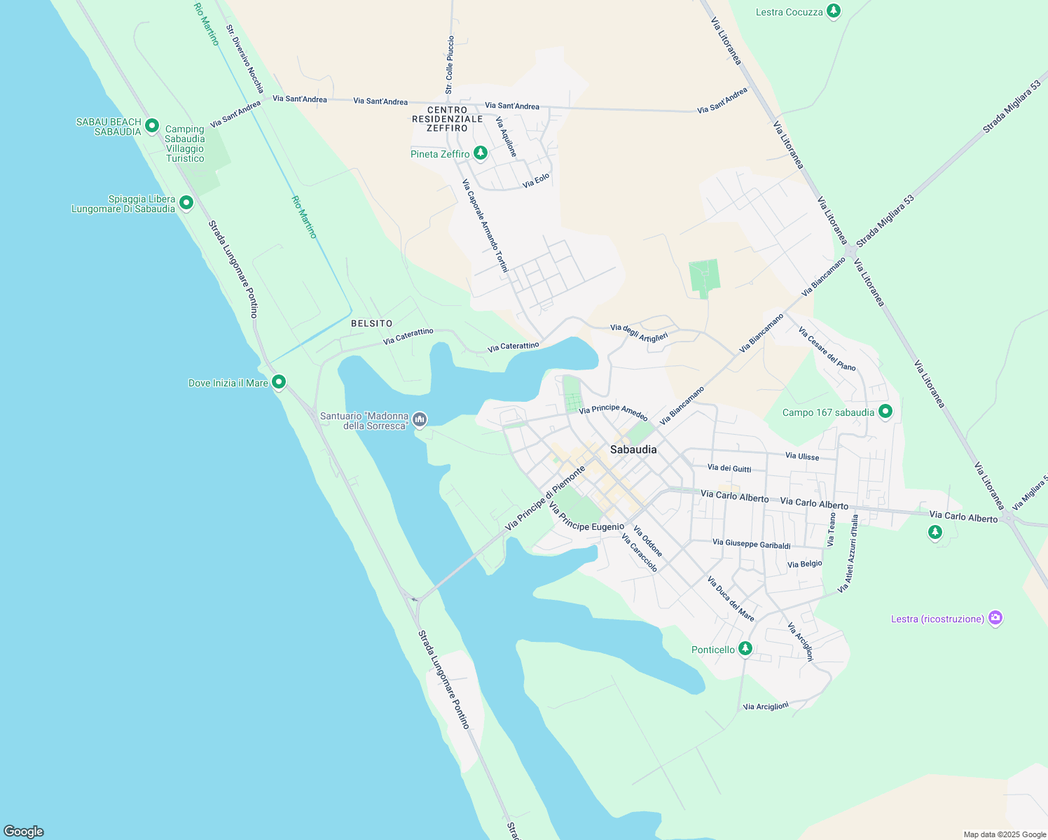 map of restaurants, bars, coffee shops, grocery stores, and more near 8 Viale Conte Verde in Sabaudia