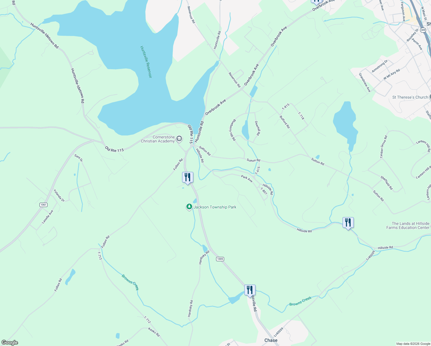 map of restaurants, bars, coffee shops, grocery stores, and more near 2935 Hillside Road in Shavertown