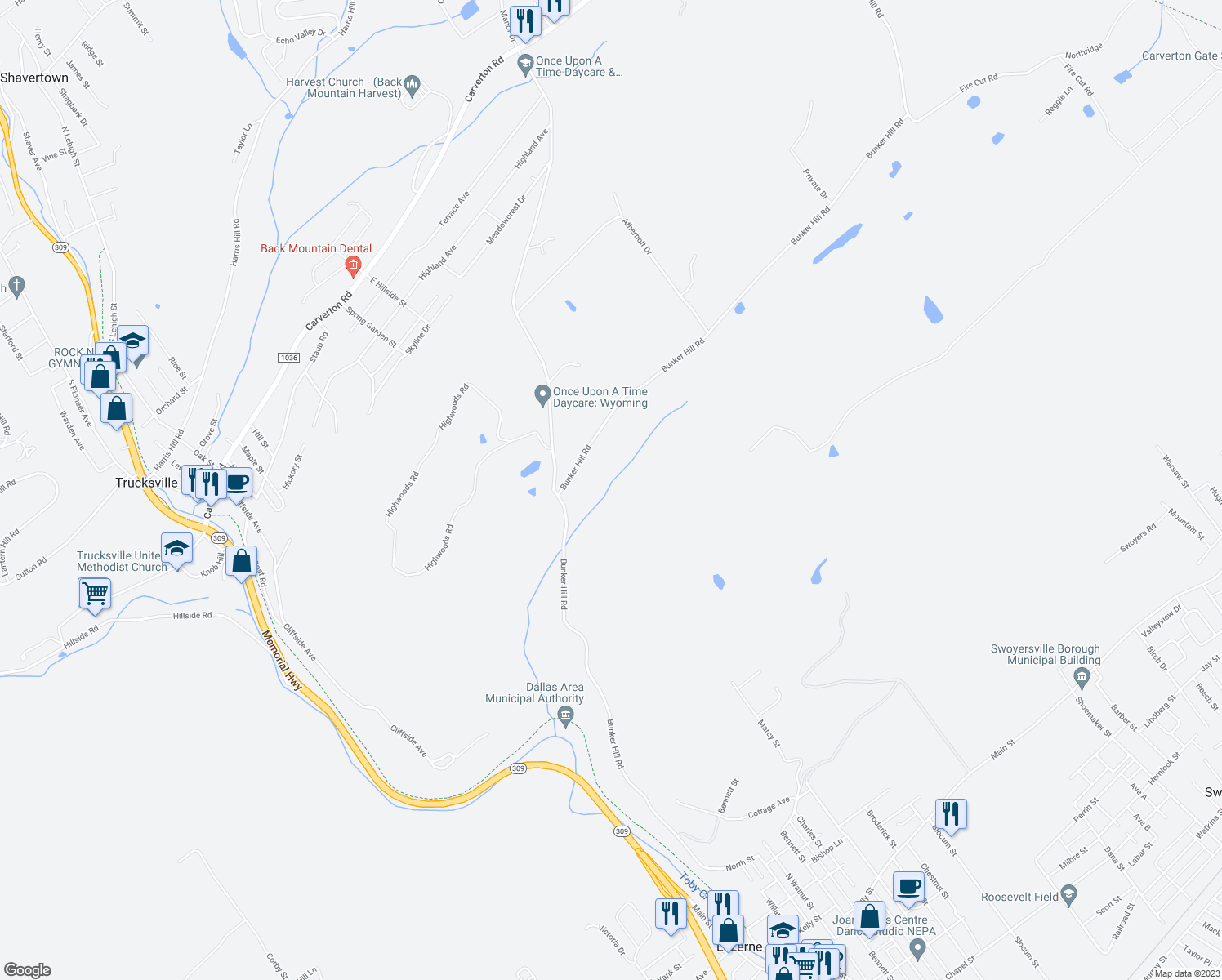 map of restaurants, bars, coffee shops, grocery stores, and more near 322 Bunker Hill Road in Wyoming