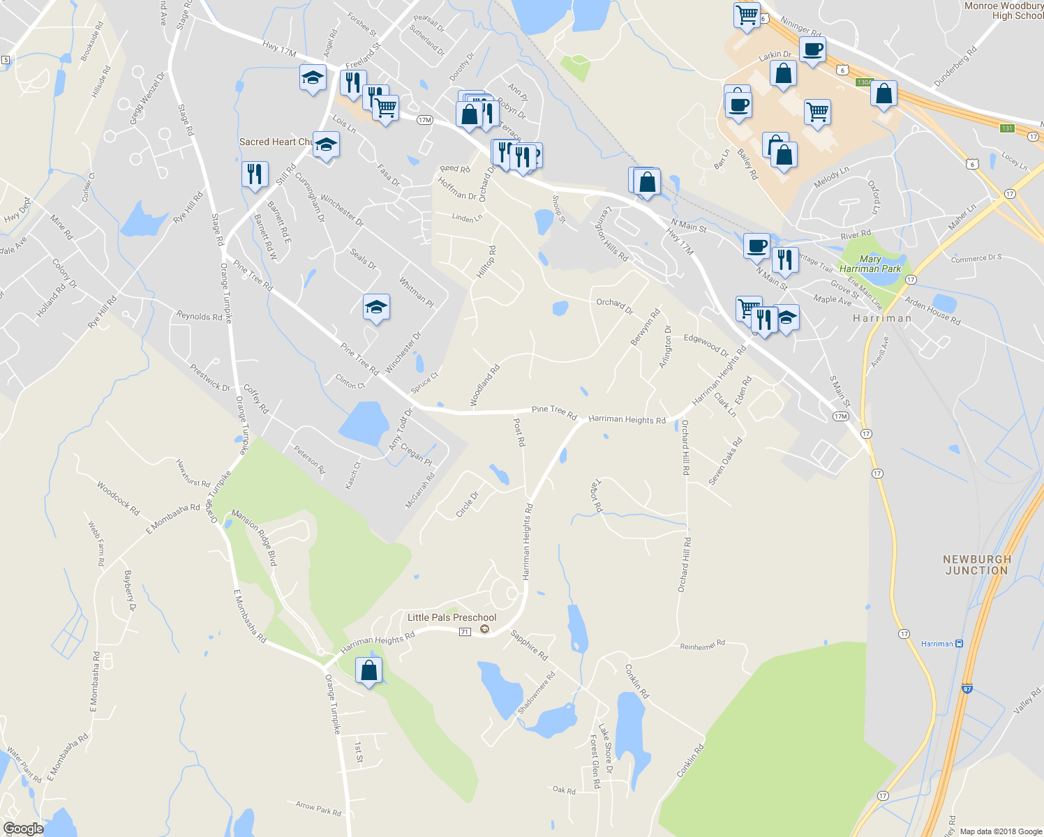 map of restaurants, bars, coffee shops, grocery stores, and more near 52 Post Road in Monroe