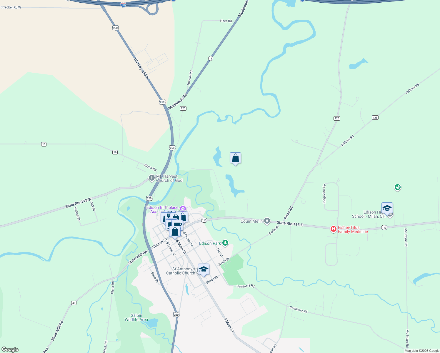 map of restaurants, bars, coffee shops, grocery stores, and more near 13616 Riley Rd in Milan