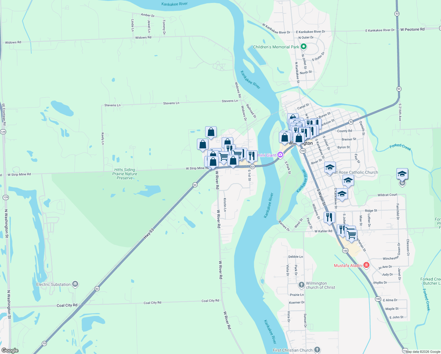 map of restaurants, bars, coffee shops, grocery stores, and more near 31929 West River Road in Wilmington