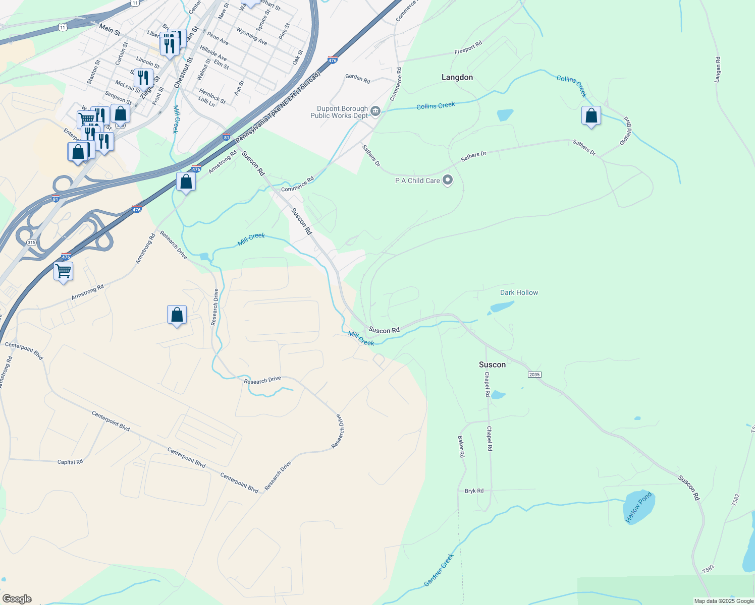 map of restaurants, bars, coffee shops, grocery stores, and more near 989 Suscon Road in Pittston