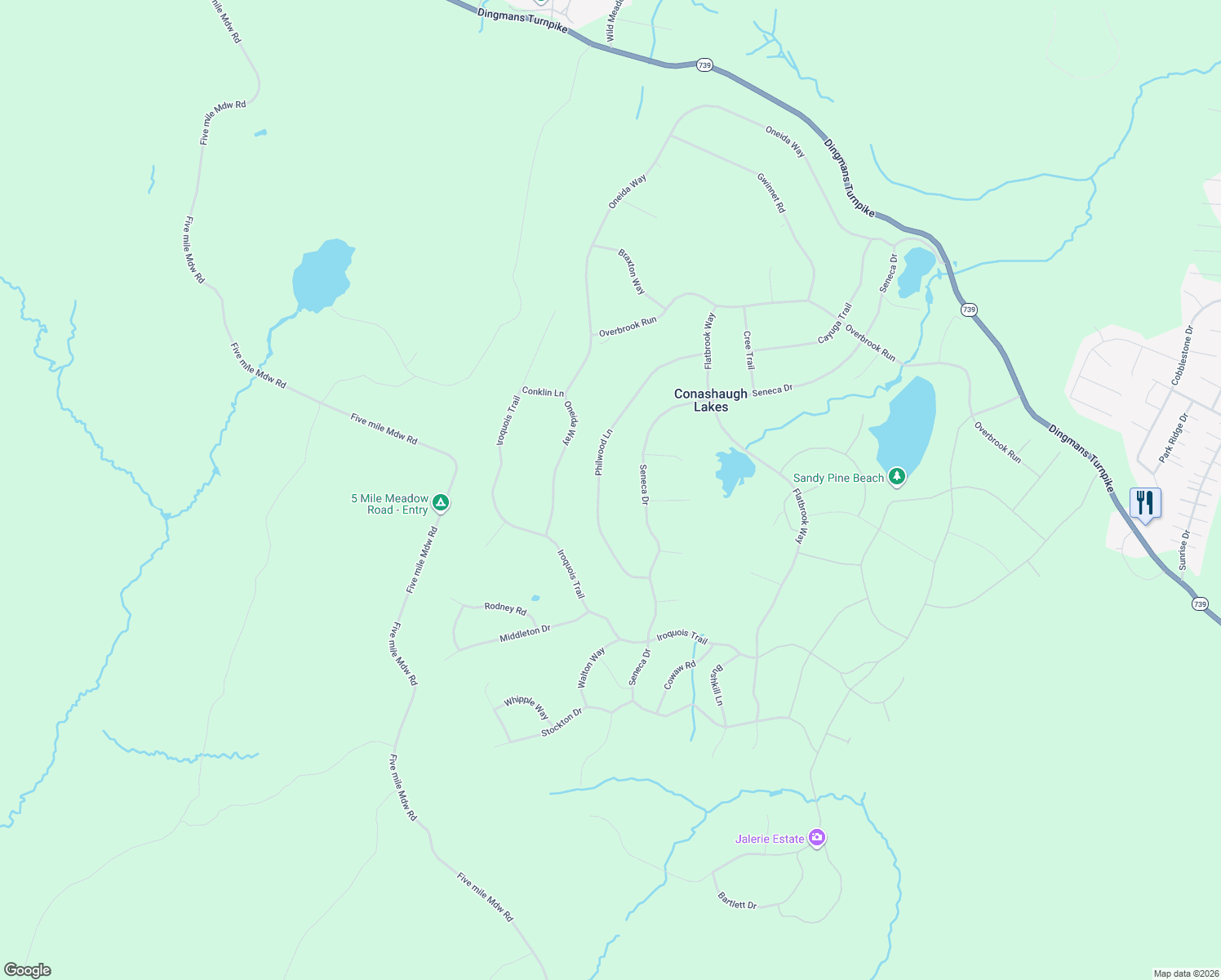 map of restaurants, bars, coffee shops, grocery stores, and more near 4340 Conashaugh Lk in Milford