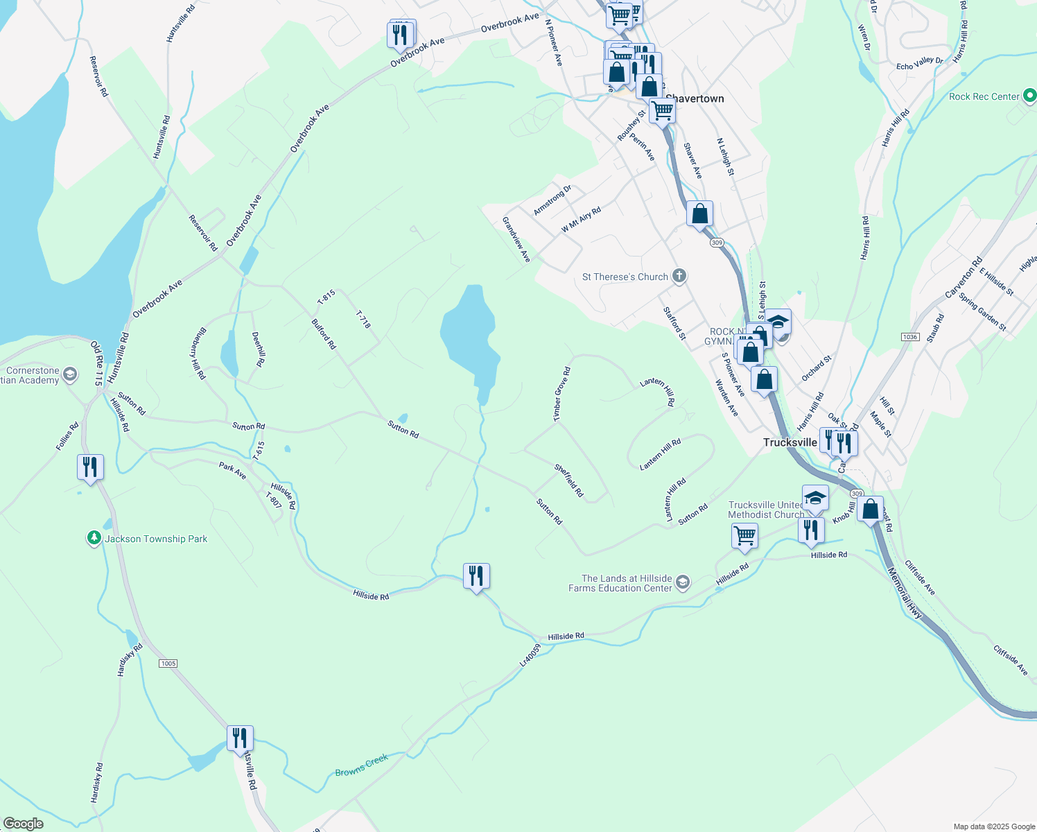 map of restaurants, bars, coffee shops, grocery stores, and more near 40 Pinecone Lane in Shavertown