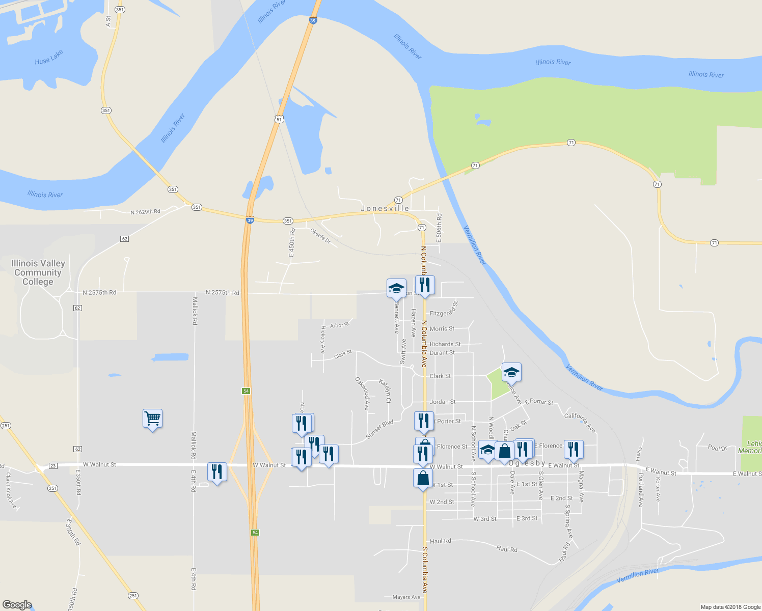 map of restaurants, bars, coffee shops, grocery stores, and more near 916 Mormon Street in Oglesby