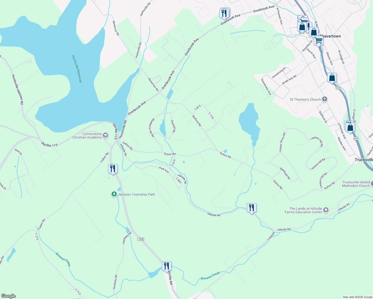 map of restaurants, bars, coffee shops, grocery stores, and more near 1800 Sutton Road in Township of Jackson