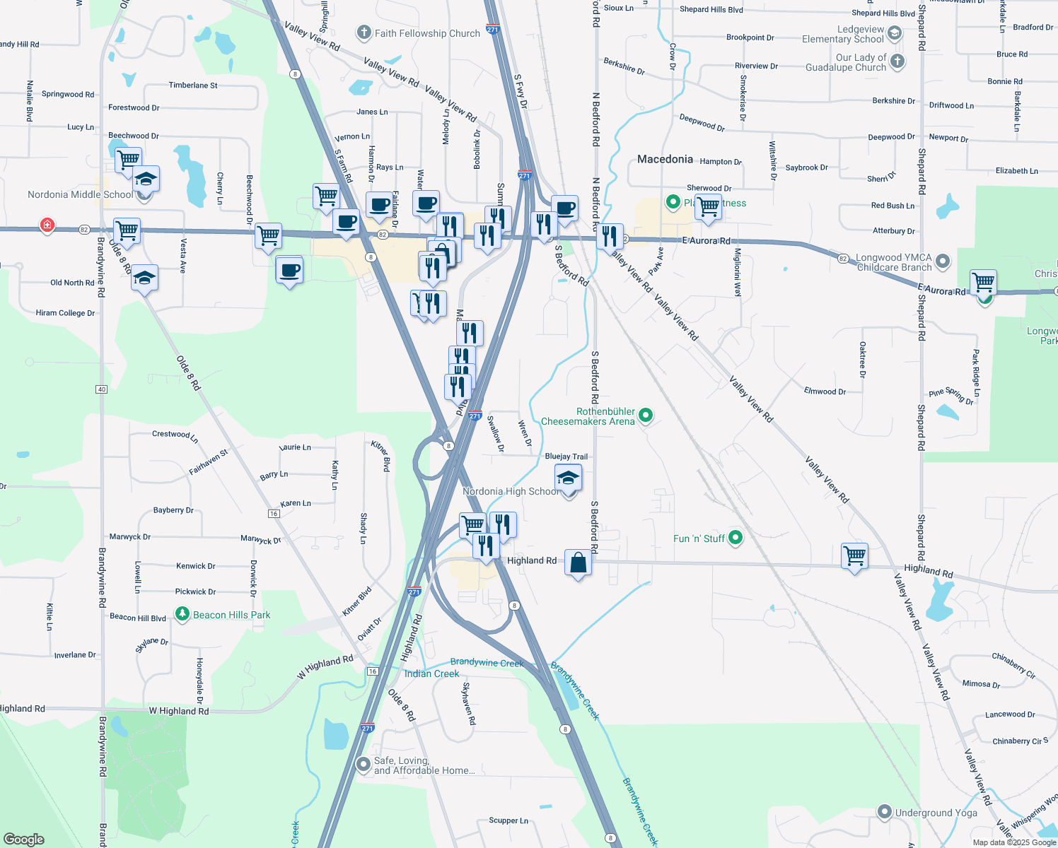 map of restaurants, bars, coffee shops, grocery stores, and more near 8061 Wren Drive in Macedonia