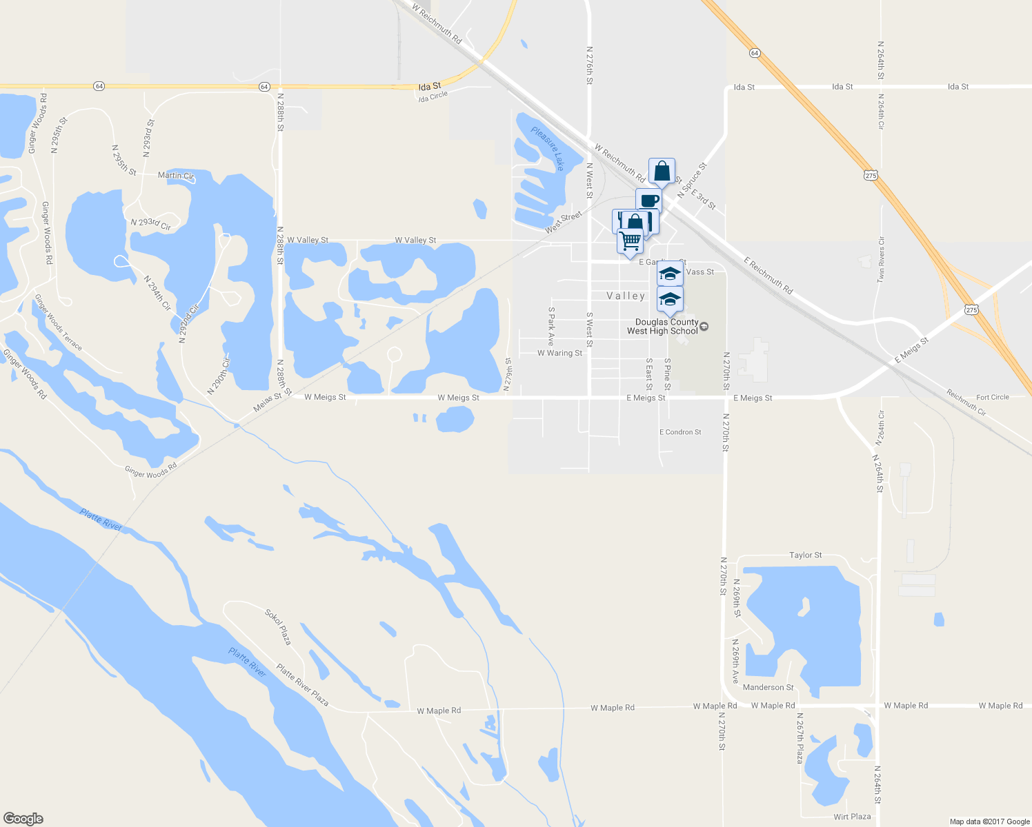 map of restaurants, bars, coffee shops, grocery stores, and more near 316 W Adams St in Valley