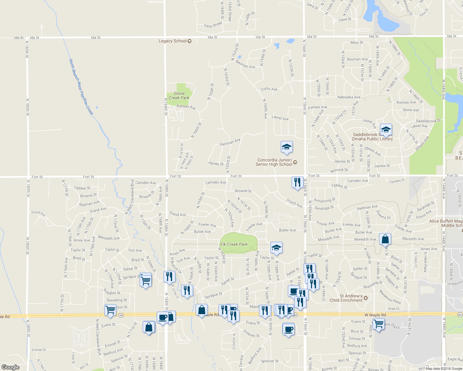 map of restaurants, bars, coffee shops, grocery stores, and more near 5115 North 161st Avenue Circle in Omaha