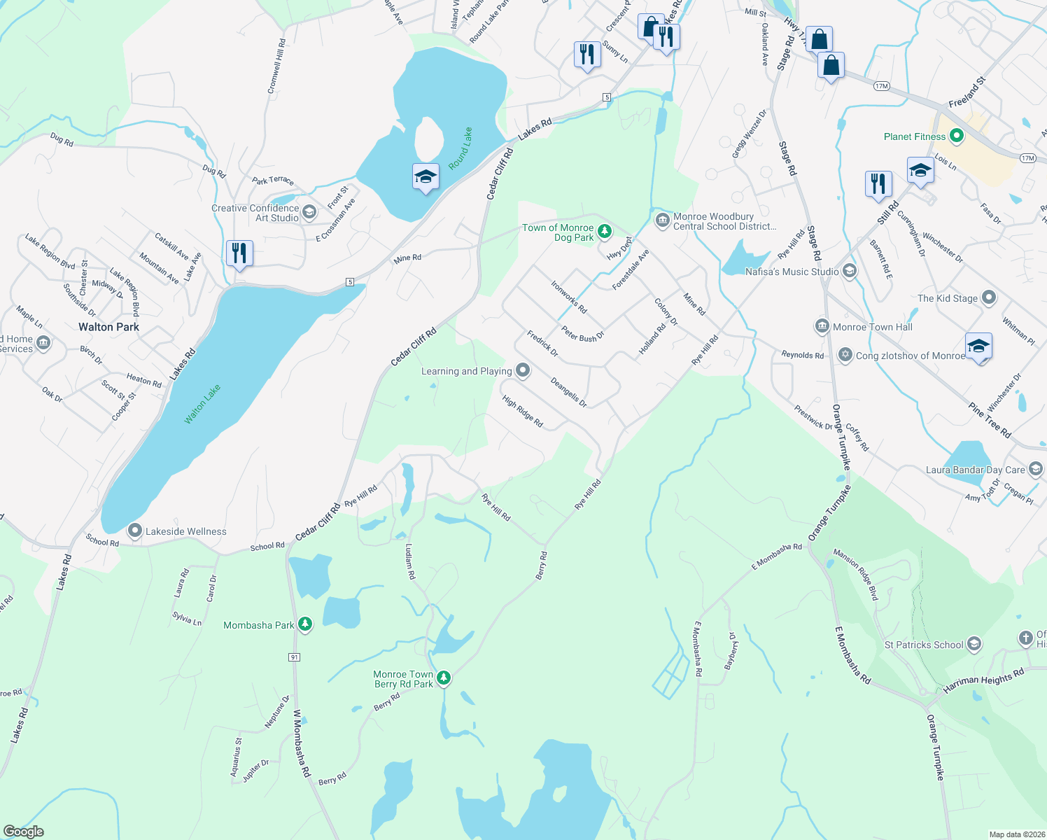 map of restaurants, bars, coffee shops, grocery stores, and more near 63 High Ridge Road in Monroe