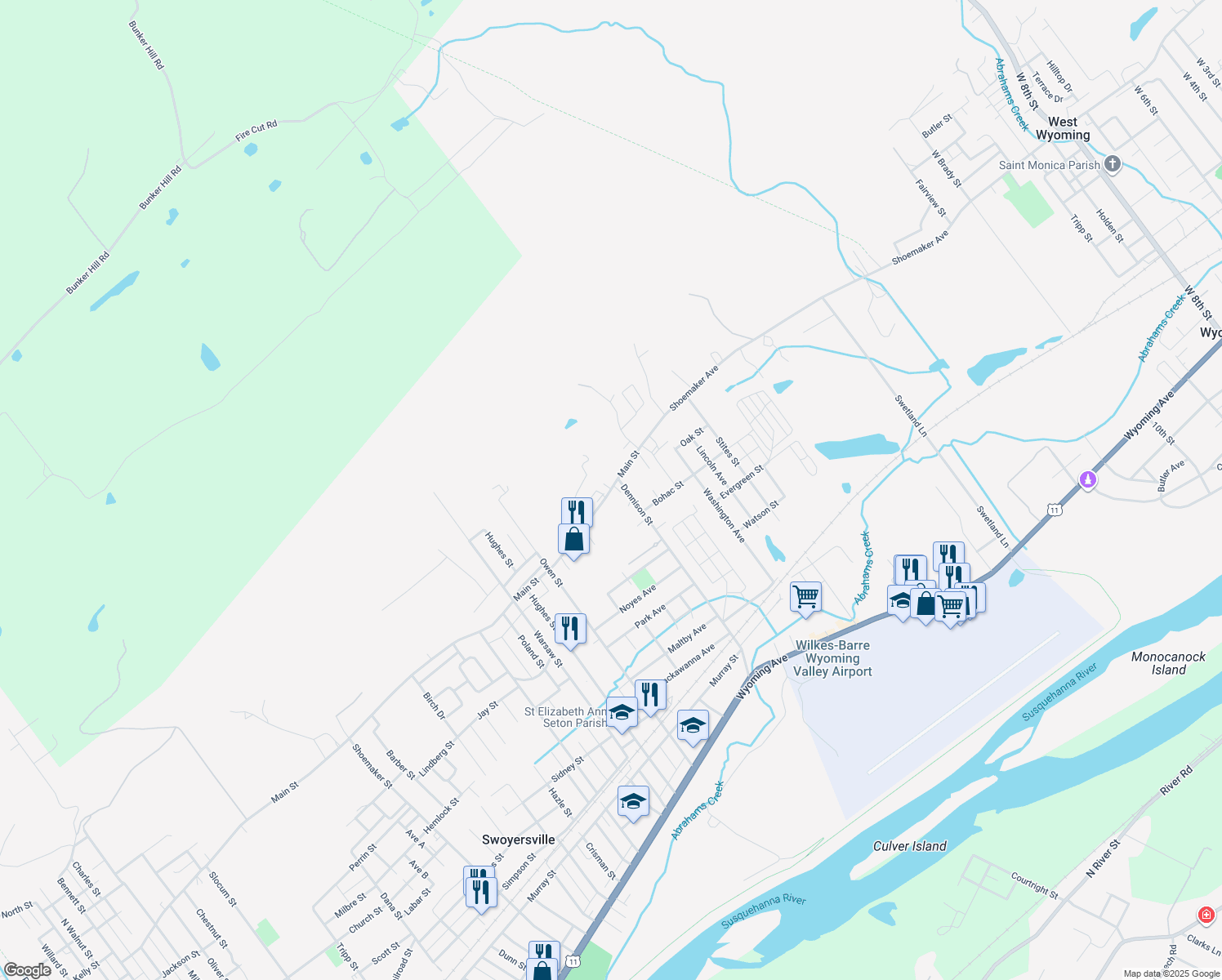 map of restaurants, bars, coffee shops, grocery stores, and more near 1210 State Route 1010 in Swoyersville