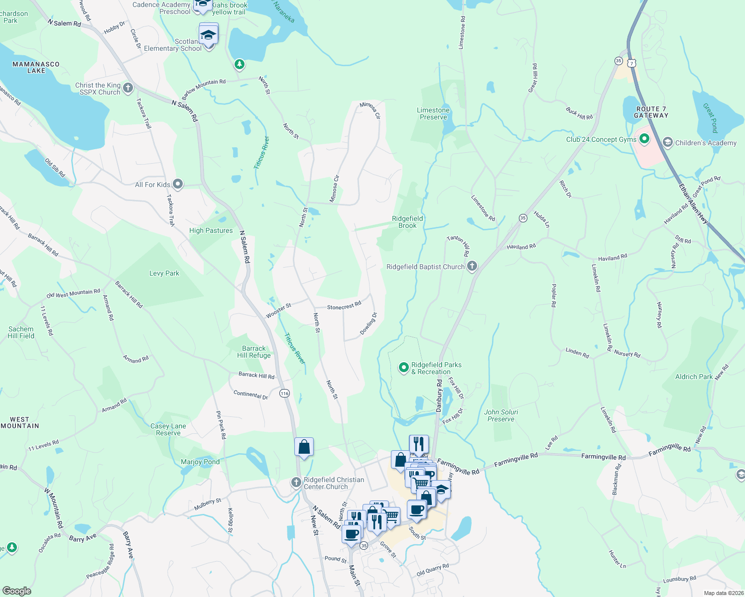 map of restaurants, bars, coffee shops, grocery stores, and more near 7 Dowling Drive in Ridgefield