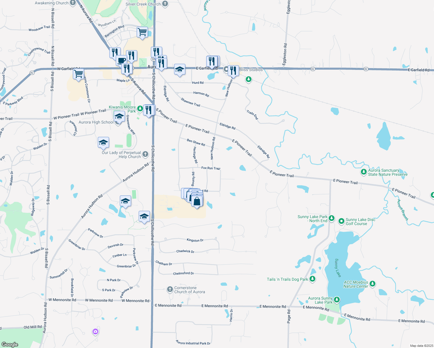 map of restaurants, bars, coffee shops, grocery stores, and more near 500 Fox Run Trail in Aurora