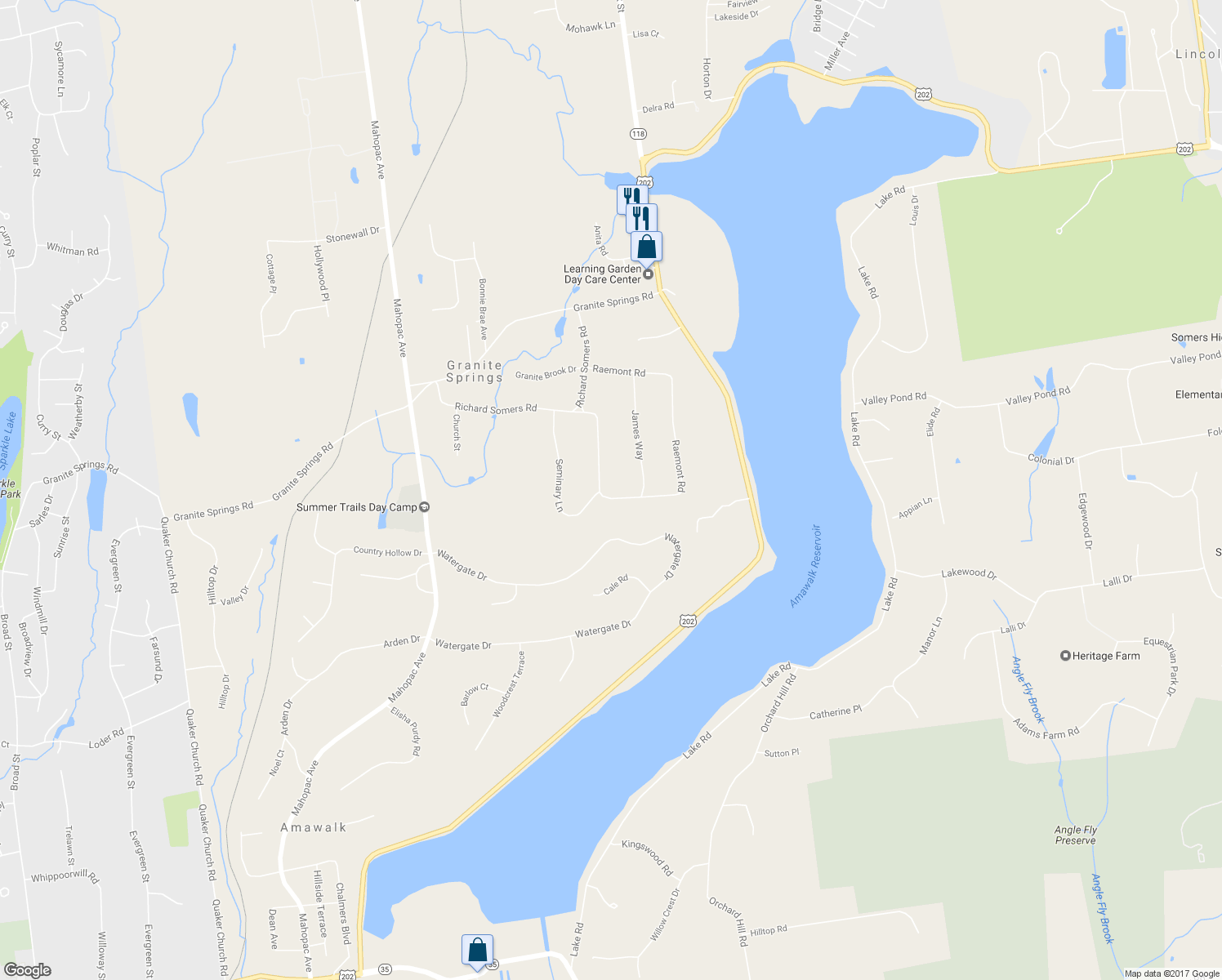 map of restaurants, bars, coffee shops, grocery stores, and more near 32 Raemont Road in Granite Springs