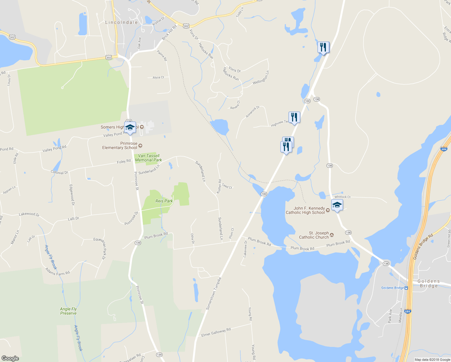 map of restaurants, bars, coffee shops, grocery stores, and more near 1 Teed Court in Katonah