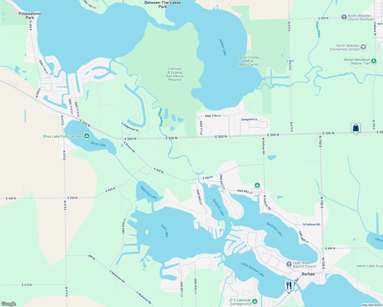 map of restaurants, bars, coffee shops, grocery stores, and more near 5903 East 500 North in Leesburg