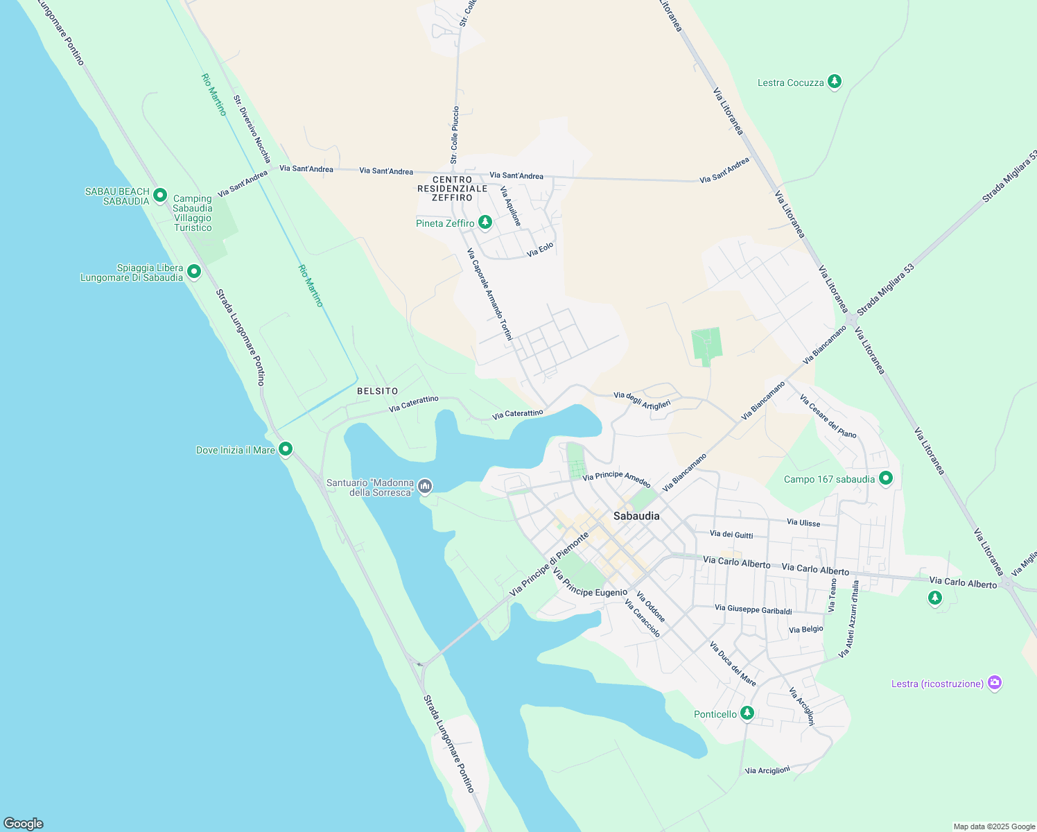 map of restaurants, bars, coffee shops, grocery stores, and more near 8 Viale Conte Verde in Sabaudia