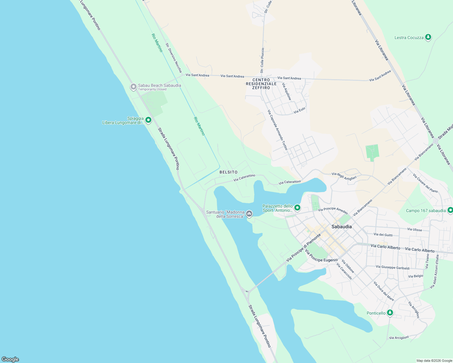 map of restaurants, bars, coffee shops, grocery stores, and more near 3 Belsito in Sabaudia