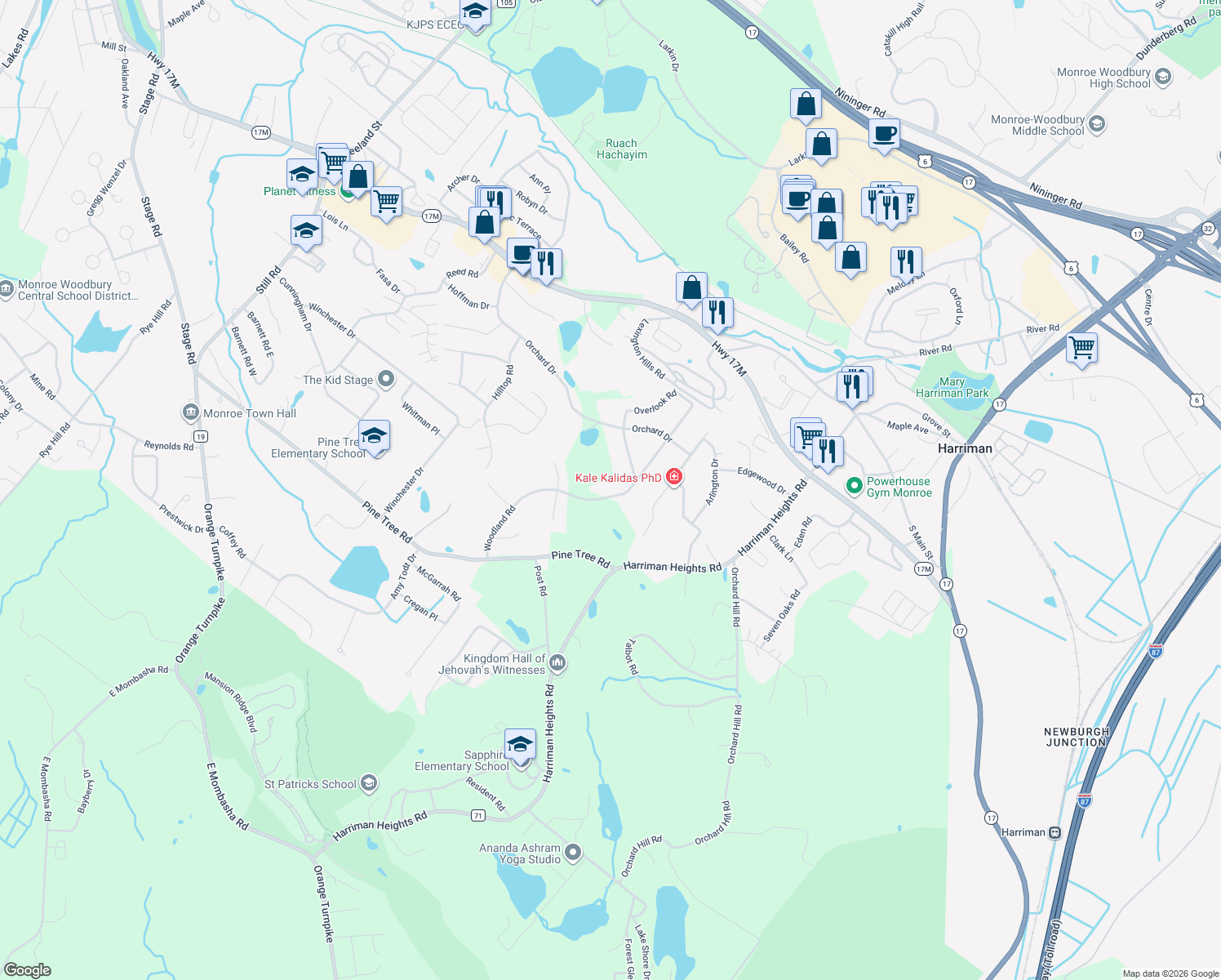 map of restaurants, bars, coffee shops, grocery stores, and more near 70 Woodland Road in Monroe