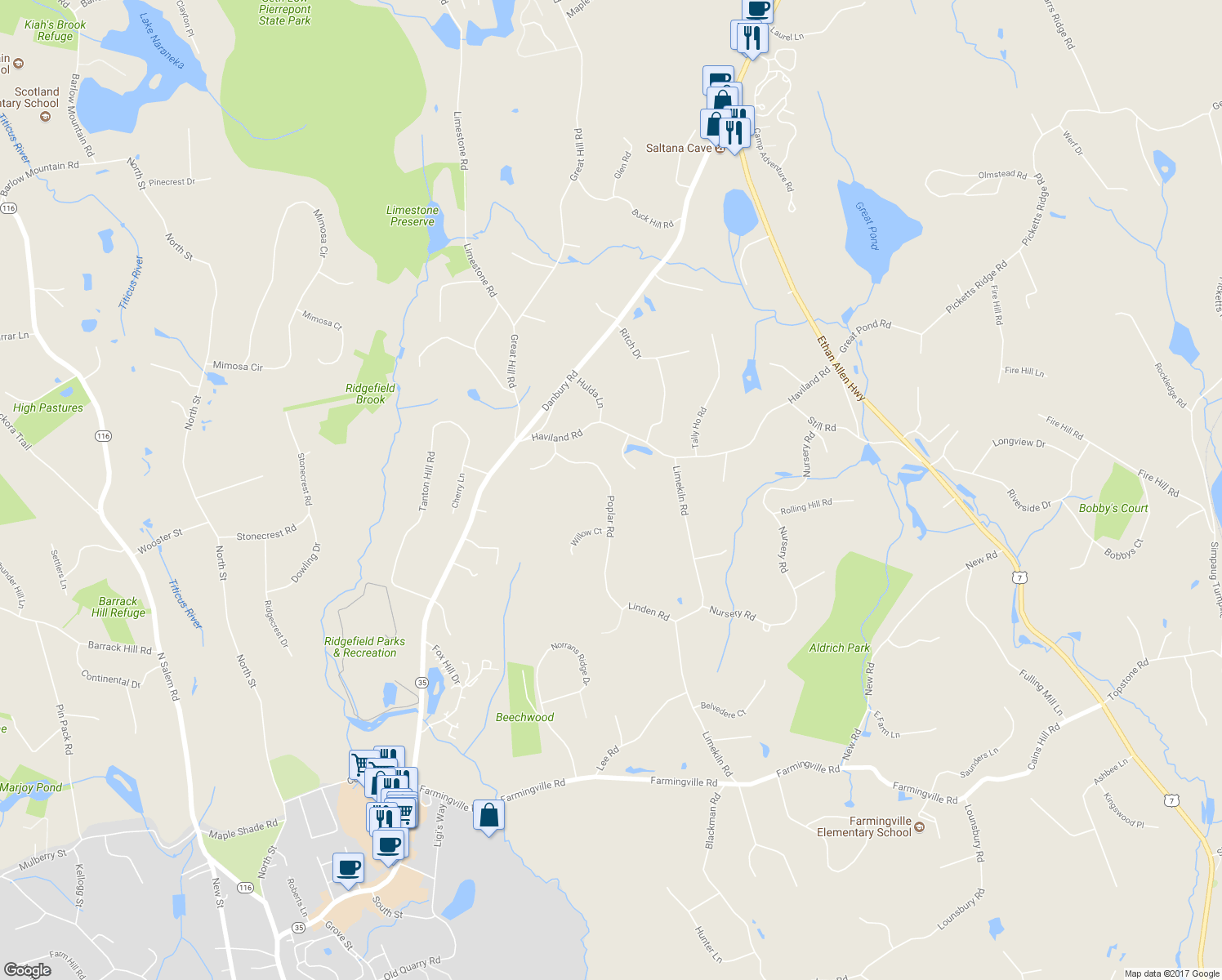 map of restaurants, bars, coffee shops, grocery stores, and more near 78 Poplar Road in Ridgefield