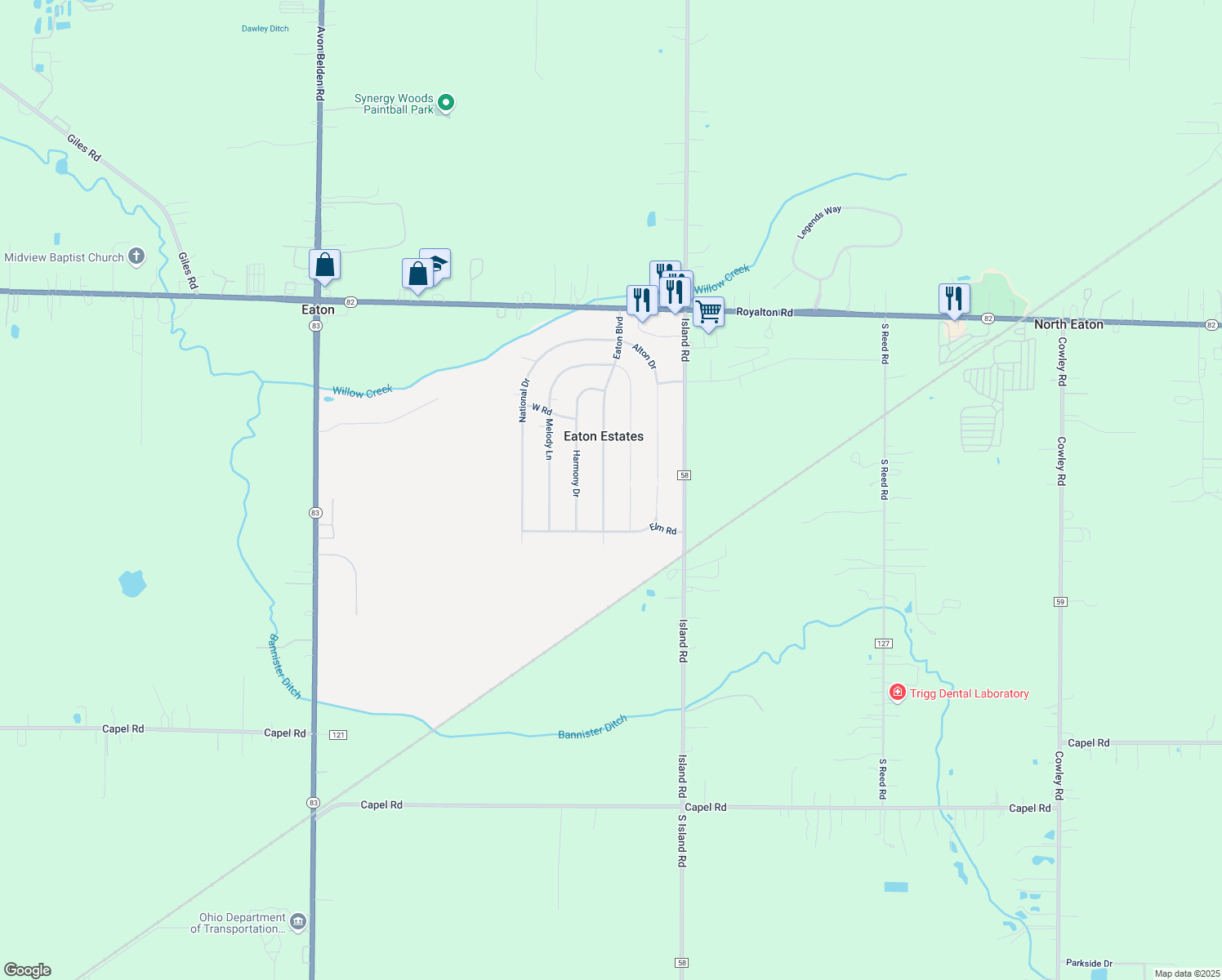 map of restaurants, bars, coffee shops, grocery stores, and more near 12521 Eaton Blvd in Grafton