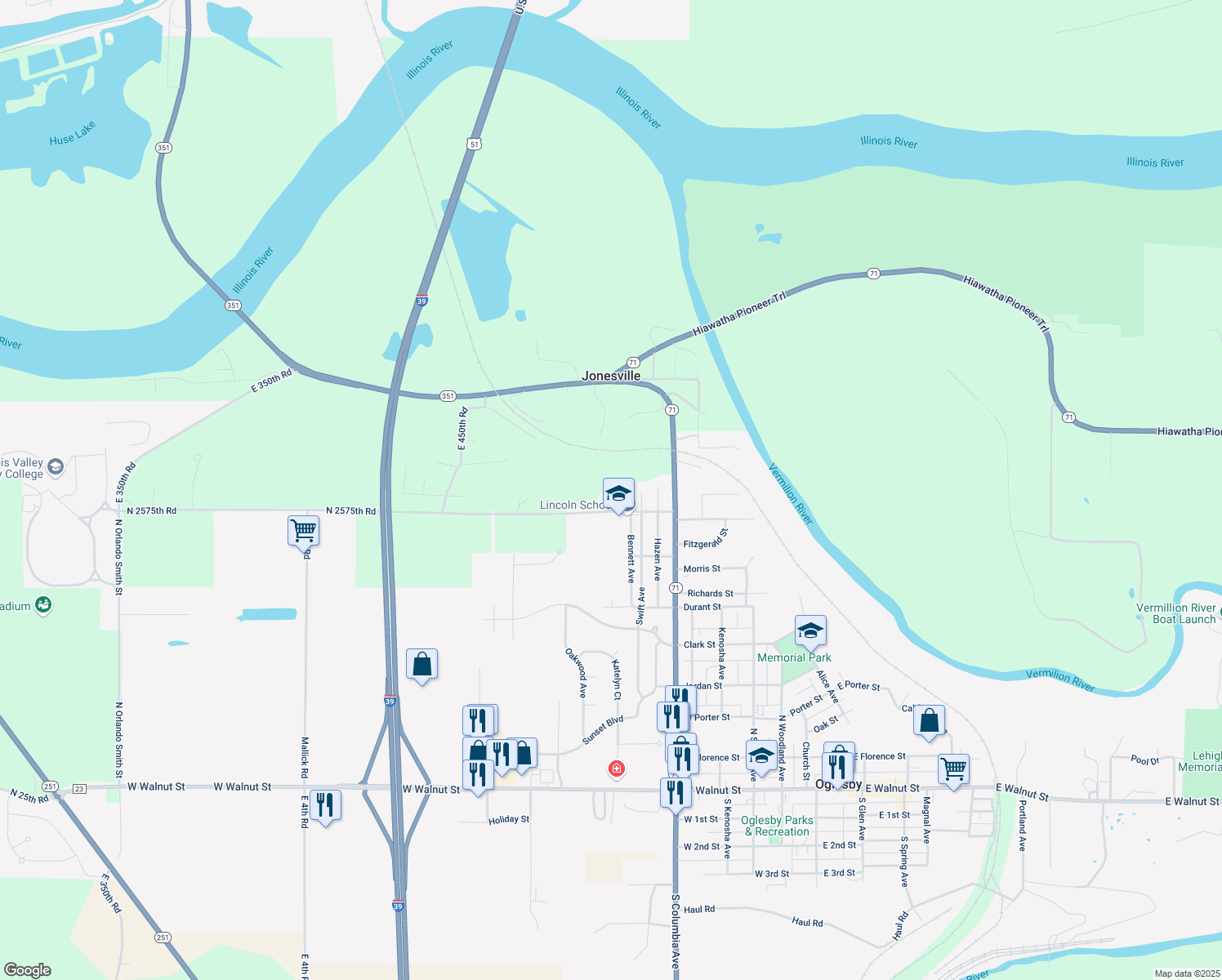 map of restaurants, bars, coffee shops, grocery stores, and more near 919 Mormon Street in Oglesby