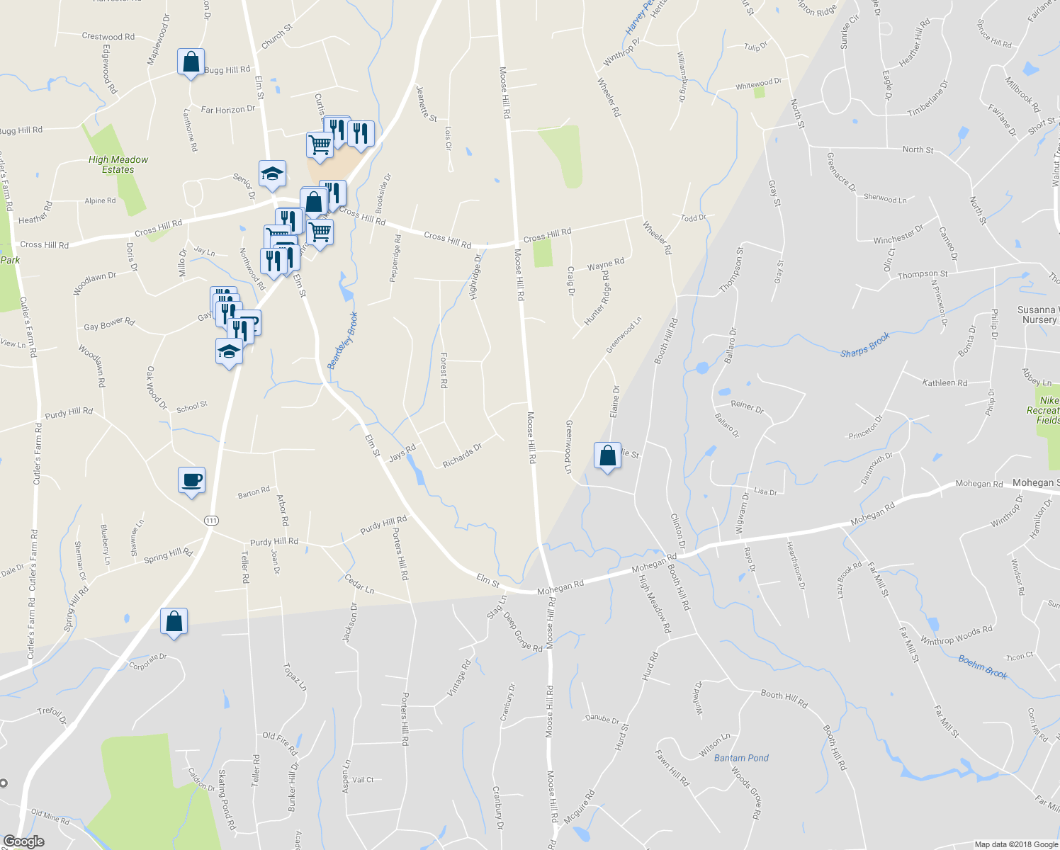 map of restaurants, bars, coffee shops, grocery stores, and more near 275 Moose Hill Road in Monroe