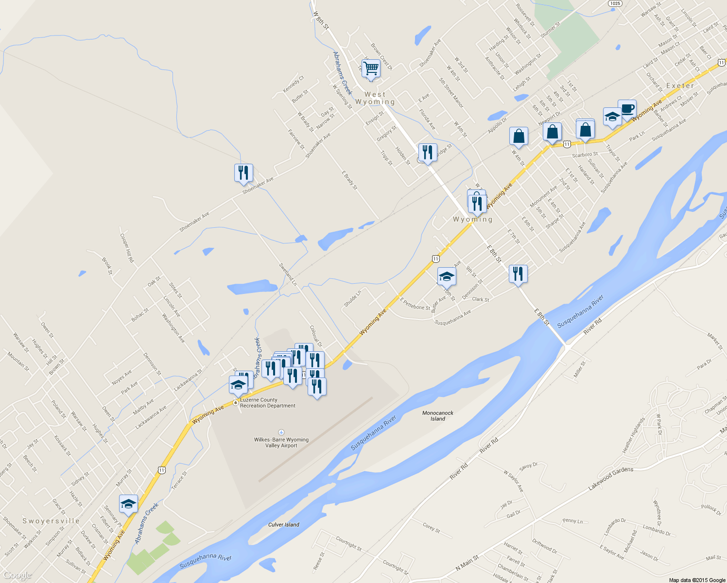 map of restaurants, bars, coffee shops, grocery stores, and more near 785 Wyoming Avenue in Wyoming