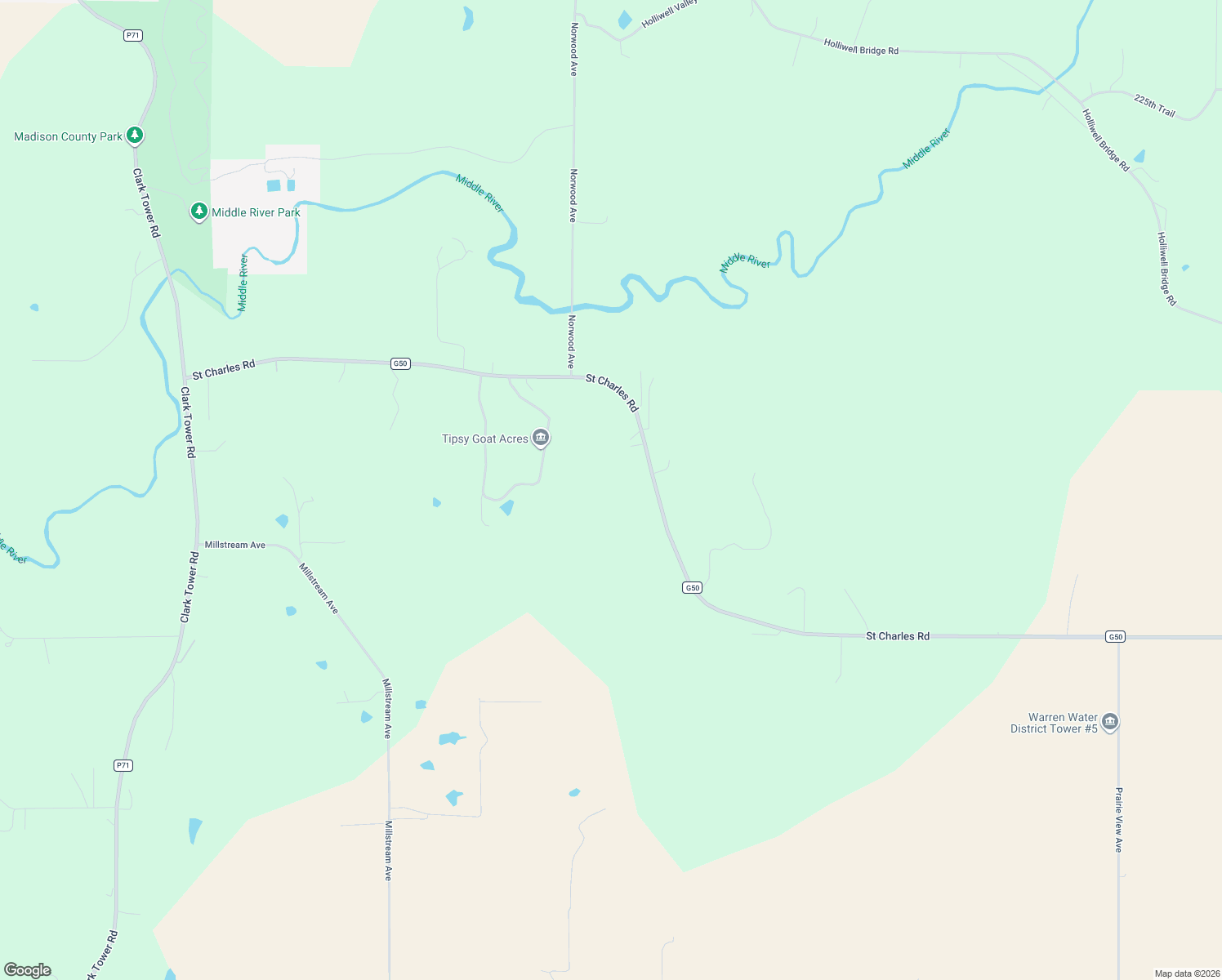 map of restaurants, bars, coffee shops, grocery stores, and more near 2346 Saint Charles Road in Winterset