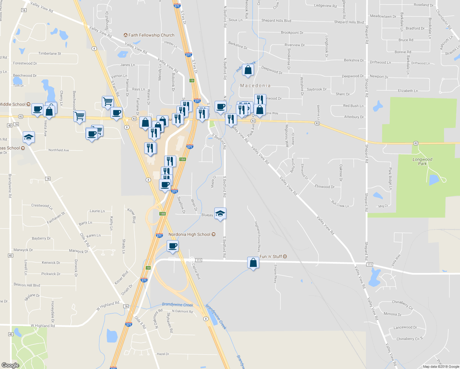 map of restaurants, bars, coffee shops, grocery stores, and more near 8199 South Bedford Road in Macedonia